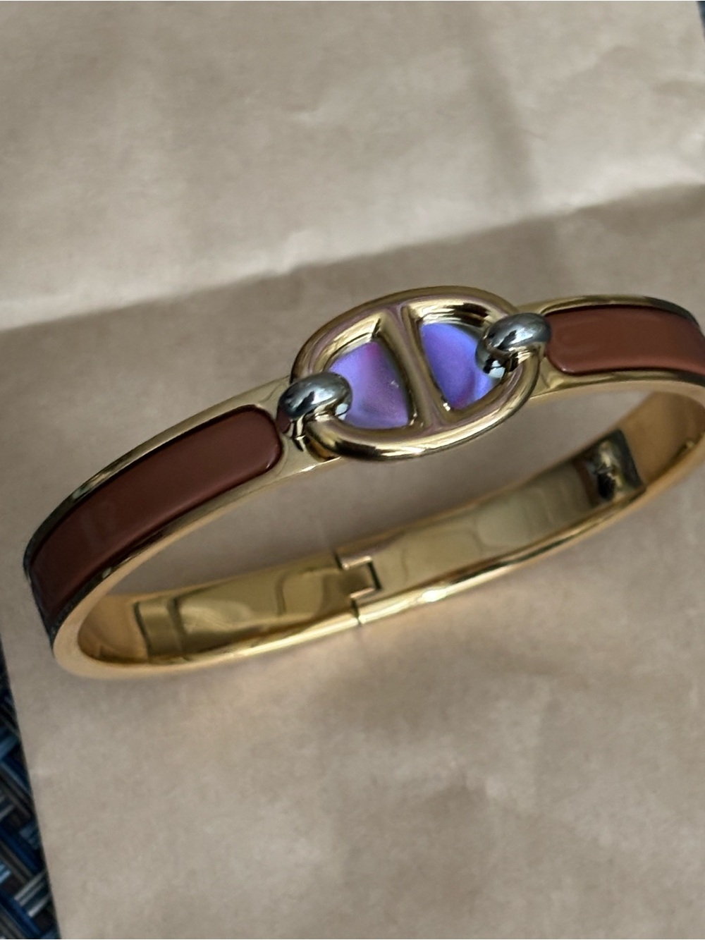 Gold-tone Brown Enamel Hinged Bracelet, brand new